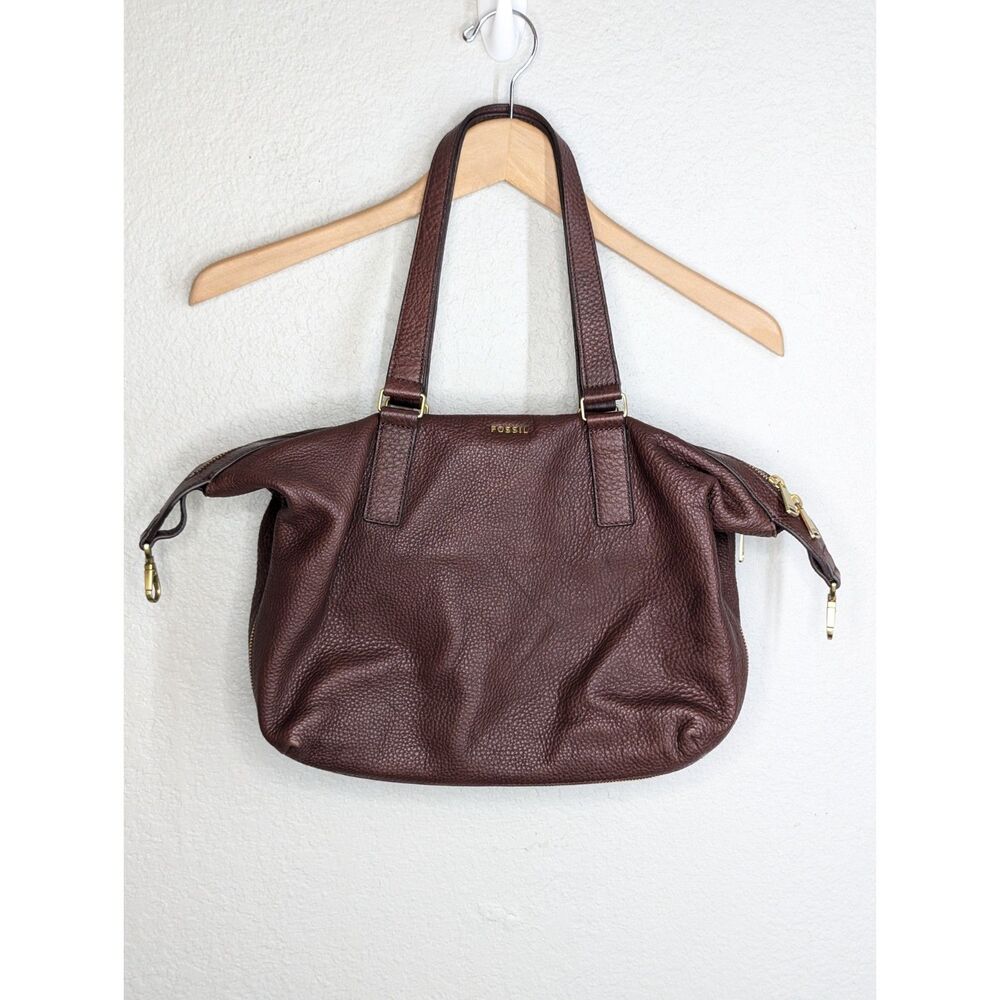 Fossil Leather Tote Shoulder Bag Satchel Brown Medium Preston Purse Zip Around - Picture 10 of 13